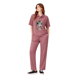 Women's 2-Piece Casual Pajama Set With Character Print Loose Fit Knitted Cotton Tops And <b>Pants</b> Full Length Turn-Down Collar - Product Image 1
