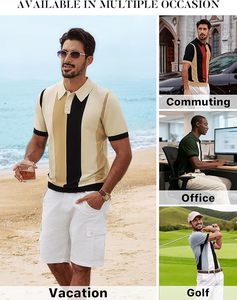 Chemise décontractée à manches courtes pour homme, en maille color block, teinte unie, polyester/coton, respirante, rayée, de créateur - Product Image 5