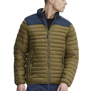Men's Autumn Puffer <b>Jacket</b> Olive Green Navy Blue Solid Stand Collar Zipper Closure Windproof Hooded Breathable Casual Wear - Product Image 1