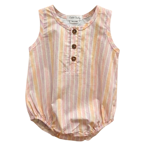 Mono de burbujas orgánico Cot & Candy Stripe para niñas, diseño divertido y frutal para el verano - Product Image 1