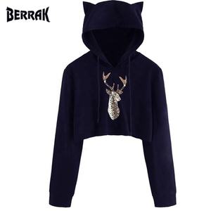 Sweat à capuche pour femmes, pull-over décontracté, manches longues, rayé, haut court, nouveau style - Product Image 2