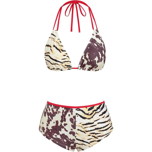 Conjunto de bikini con estampado animal para mujer, top triangular con cuello halter, parte inferior hipster, ribete en contraste, traje de baño elástico - Product Image 3