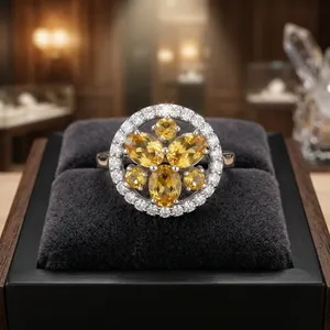 Bague de cocktail de luxe pour femme en argent sterling 925 avec motif floral, pavé de pierres de citrine naturelle et de zircone cubique AAA, idéale pour les bijoux de soirée - Product Image 1
