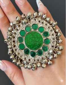 Afghan Tribal Statement Finger Ring With Large Round Blue Glass Center Surrounded By Traditional Silver Bell Jewelry - Product Image 2