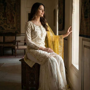 ชุดกางาร่าผ้าไหมดีไซเนอร์ Fendy สำหรับผู้หญิง – ชุดซัลวาร์ คามีซปักลายหนักประดับเลื่อม พร้อมผ้าคลุมไหล่เน็ต สำหรับงานแต่งงาน - Product Image 1