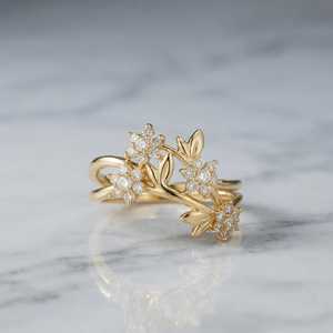 แหวนเพชรทรงกลมลายดอกไม้ ดีไซน์กิ่งดอกไม้ ทองคำขาว 14K เพชรเพาะเลี้ยง สำหรับขอแต่งงาน เครื่องประดับสุดพิเศษสำหรับคนรัก - Product Image 1