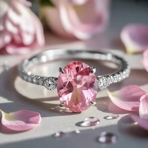 แหวนหมั้นและแต่งงานหรูหราประดับมอสซาไนต์สีชมพูทรงรี บนตัวเรือนเงินแท้ชุบทอง 18K พร้อมอัญมณีสีบลัชสุดงดงาม - Product Image 5
