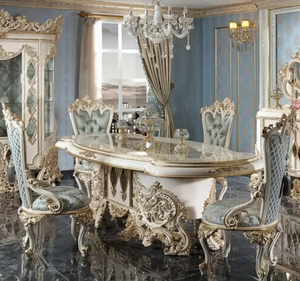 ชุดโต๊ะรับประทานอาหารไม้สักทองคำหรูหราสไตล์ยุโรปแกะสลักโบราณ พร้อมท็อปหินอ่อน สำหรับใช้ในโรงแรม เป็นมิตรกับสิ่งแวดล้อม ผลิตในอินโดนีเซีย - Product Image 3