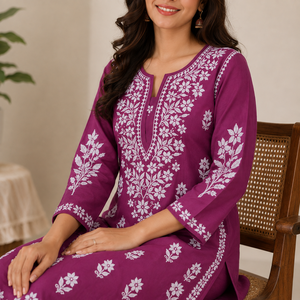 Modern Women Purple <b>Chikankari</b> Hand Embroidered Straight Kurti with Matching Palazzo Set Ethnic Floral Suit - Product Image 2
