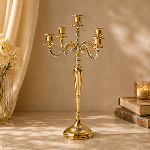 Candélabre de luxe doré, porte-bougie élégant en métal, centre de table pour mariage, dîner et décoration festive de la maison - Product Image 1