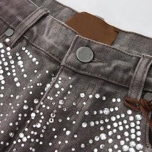 Shorts en jean pour homme personnalisés, coupe ample, style hip-hop, délavés à l'acide, effet vieilli, ornés de strass et de pierres, avec embellissements en diamant - Product Image 6