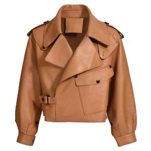 Chaquetas de Cuero para Mujer, Estilo Biker, con Cierre, de Cuero Genuino, Color Marrón Personalizado - Product Image 1