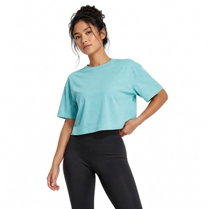 Women's <b>Turquoise</b> Cropped <b>T</b>-<b>Shirt</b> Crew Neck Short Sleeve Loose Fit Solid Color 100% Cotton Jersey Casual Wear Spring Summer - Product Image 1