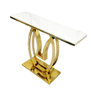 Mesa de Consola Moderna de Diseño con Cubierta de Mármol Blanco Rectangular y Base Geométrica de Acero Inoxidable Pulido Dorado para Entrada o Sofá - Product Image 2