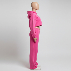 Custom Pink Crop Hoodie Sweatpants Set Womens Two Piece <b>Zip</b> <b>Up</b> <b>Cropped</b> Fleece Tracksuit High Waist Wide Leg Jogger Suit - Product Image 4