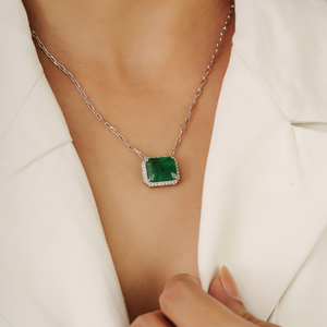 Gorgeous 925 Sterling Silver 100% Genuine 11x13 mm <b>Emerald</b> & Diamond Cluster <b>Pendant</b> Necklace May Birthstone Everyday Wear - Product Image 2