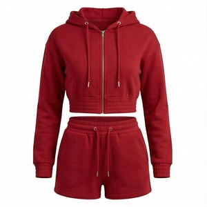 Conjunto Deportivo Casual de 2 Piezas para Mujer, Sudadera con Capucha y Cremallera Roja, Pantalones Cortos, Felpa, Color Sólido, Manga Larga - Product Image 1