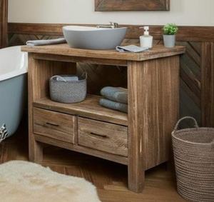 Meuble-lavabo compact en bois massif 2026 avec vasque simple, étagère ouverte et double tiroir de rangement – Fini naturel - Product Image 1