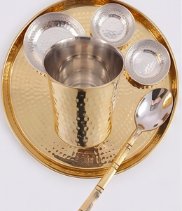 Round Metal Dinnerware Set Gold Color Hammered Finish Traditional Chinese Style Durable Dishwasher Safe <b>Utensils</b> Kit Serving - Product Image 6
