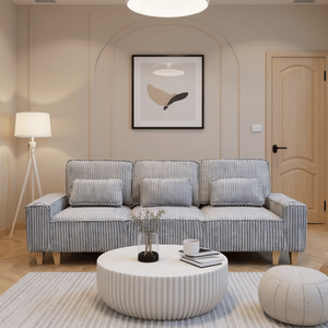 Divano Moderno a 3 Posti con Seduta Profonda in Velluto a Coste, Portabicchieri in Acciaio Inox Spazzolato e 3 Cuscini Decorativi per Soggiorno - Product Image 2