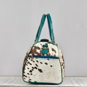 Bolsa de lona de cuero vacuno con asas turquesa y cierre de cremallera, bolsa de viaje de gran capacidad para fin de semana - Product Image 3