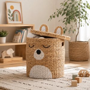Handmade Water Hyacinth Bear <b>Storage</b> <b>Basket</b> with Lid Kids <b>Toy</b> Organizer Woven Nursery Laundry <b>Basket</b> Home Decor - Product Image 4