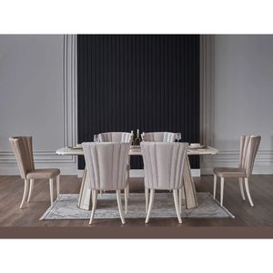 Ensemble de salle à manger moderne de luxe en teck massif, 7 pièces, table rectangulaire contemporaine pour villa, appartement, entrée, meubles de maison - Product Image 1
