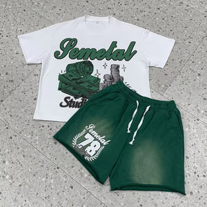 เสื้อยืดและกางเกงขาสั้นพิมพ์ลายสกรีนแบบกำหนดเอง รุ่นปี 2026 ผ้าคอตตอน 100% ยูนิเซ็กซ์ ทรงหลวม ซักย้อมสีแบบแอซิด ความยาวระดับเข่า แห้งเร็ว ระบายอากาศได้ดี - Product Image 1