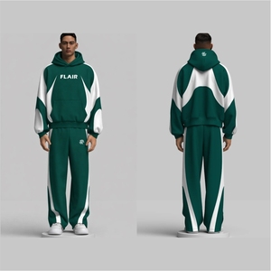Chándal Deportivo Extra Grande de Felpa de Algodón Verde con Paneles Blancos para Hombre - Product Image 4
