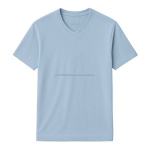T-shirt pour homme en coton biologique 100% de luxe, bleu ciel, col en V, pré-rétréci, manches courtes, respirant, coupe ajustée - Product Image 1