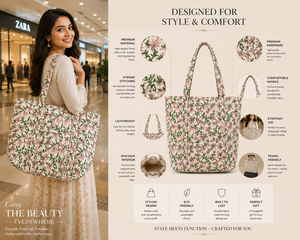 Eco Friendly Floral Quilted Cotton Fold Water Resistant Durable <b>Large</b> Women Shoulder Handbag Reusable Shopping <b>Beach</b> Travel <b>Bag</b> - Product Image 2