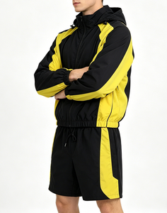 Men's Contrast Panel Windbreaker Jacket and Shorts Set Lightweight Hooded Training Activewear - Product Image 4
