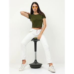Camiseta Corta Verde Oliva para Mujer, Cuello Redondo, Manga Corta, Color Sólido, Estilo Casual, Primavera-Verano, Tejido de Algodón - Product Image 4