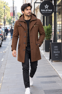 Manteau d'hiver pour homme Salstar en mélange de laine à capuche, col à revers, fermeture éclair, longueur genou, marron - Product Image 5