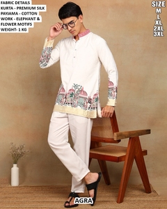 Men's White Premium <b>Silk</b> <b>Kurta</b> With Elephant And Flower Motifs Regular Fit Traditional Indian Pakistani Style Agra Design - Product Image 6