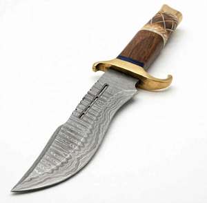 Handcrafted Damascus Steel Outdoor Utility <b>Tool</b> Solid Brass Double Crossguard Segmented Walnut <b>Wood</b> & <b>Carved</b> Bone Handle - Product Image 4