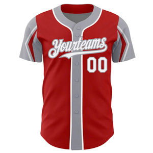 Maillot de baseball rouge classique avec accents gris, logo Yourteams et numéro 00, idéal pour les uniformes sportifs professionnels en studio. - Product Image 1