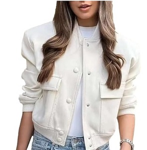 <b>Women's</b> <b>Navy</b> Blue Varsity <b>Jacket</b> Full Sleeve Button Up Collar Short Length Solid Color Polyester Outerwear Autumn Style - Product Image 6