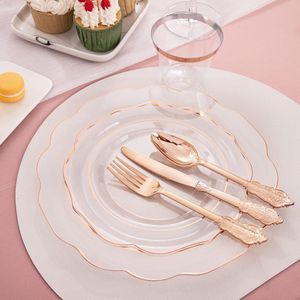 Set di Stoviglie Monouso Oro Rosa Trasparente da 350 Pezzi Include 100 Piatti Piani/Dessert, 50 Bicchieri, 50 Tovaglioli Pre-Arricciati per Feste - Product Image 2