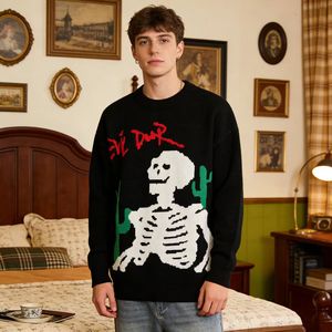 Pull tricoté noir pour homme OEM 2026 avec imprimé squelette blanc et cactus vert, logo frontal, style hiver à manches classiques - Product Image 4