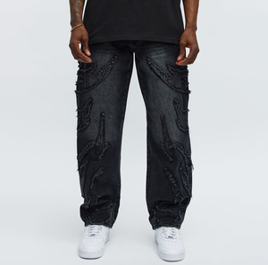 Jeans Negros para Hombre, Corte Recto, Estilo Desgastado, Ajuste Holgado, Estilo Urbano, Cintura Media, Tela de Algodón para Otoño - Product Image 1