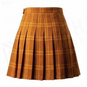 Jupe plissée courte pour femme, motif écossais, en coton et fibre de bambou, style automne, taille normale, tissu tissé, design confortable - Product Image 2