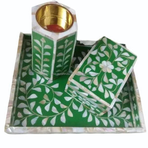 Plateau rectangulaire artisanal en os vert incrusté de fleurs, avec boîte porte-encens, décoration de luxe faite à la main - Product Image 1