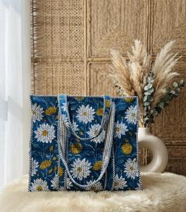 Sac fourre-tout en toile matelassée Kantha bleu indigo fait main, artisanat indien, vintage, mode féminine, fermeture éclair, portable, pour le shopping - Product Image 1