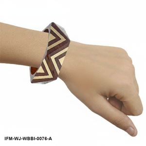 Handcrafted Geometric Wood and Brass Inlay Bangle Art Deco Chevron Statement <b>Bracelet</b> for Women - Product Image 2