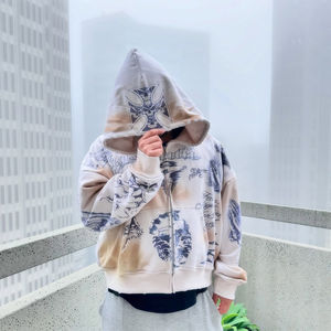 Sweat à capuche zippé surdimensionné et délavé, imprimé sur toute la surface, 500 g/m², de haute qualité, personnalisé OEM pour hommes - Product Image 5