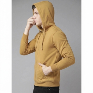 Sudadera con Capucha y Cierre de Cremallera para Hombre, Color Mostaza, Corte Regular, Color Sólido, Chaqueta Casual de Algodón Tejido, Ropa de Otoño, Hecho en Pakistán - Product Image 3