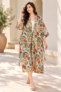 Bata Kimono Floral de Algodón Orgánico al por Mayor |   Bata de dormir con estampado artesanal y bolsillos |   Conjunto de Pijama de Manga Larga con Cuello en V - Product Image 5
