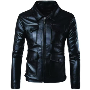 Men's Slim Fit PU Leather Jacket Moto Biker Style Turn-down Collar Zipper Closure Solid Color Autumn Winter Wear - Product Image 1