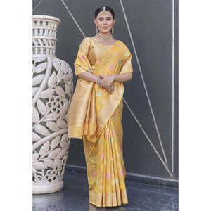 Sari jaune tissé Zari Elite Weaves avec organza, robes de soirée élégantes - Product Image 3